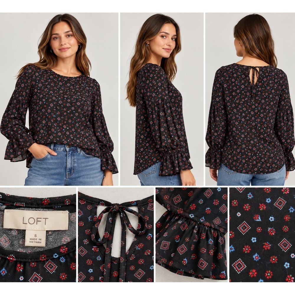 LOFT Womens Black Floral Diamond Tiered Bell Sleeve Back Tie Blouse Small